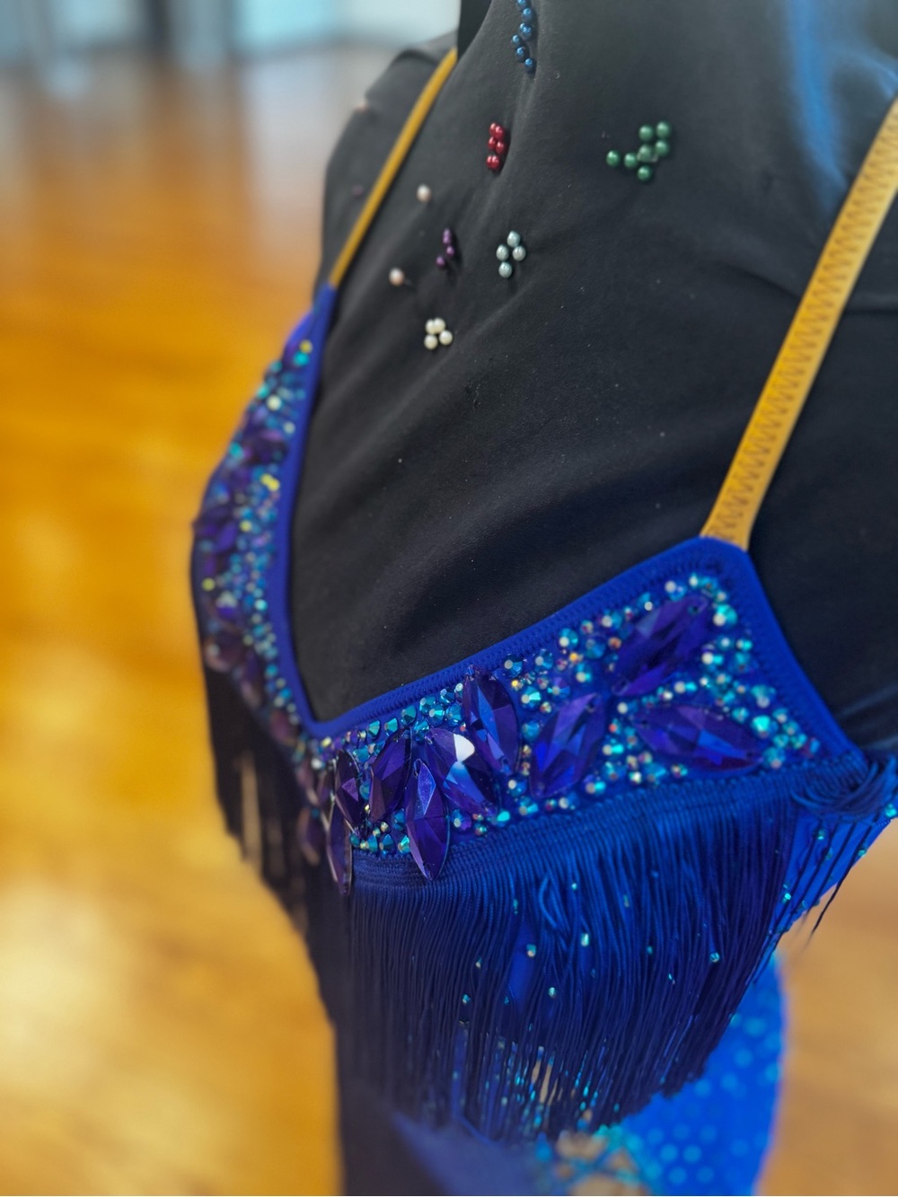 Blue Fringe Latin Dance Dress with Rhinestone Accents - Picture 6 of 7